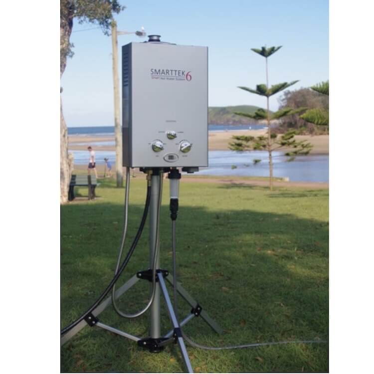 Smarttek 6 portable hot water unit for camping with wqter filter on tripod stand - Escaping Outdoors